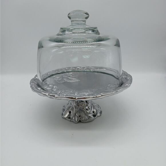 Arthur Court 2000 Grape 8" Pedestal Dessert/cheese Plate & Glass Dome Lid Silver - Picture 1 of 7